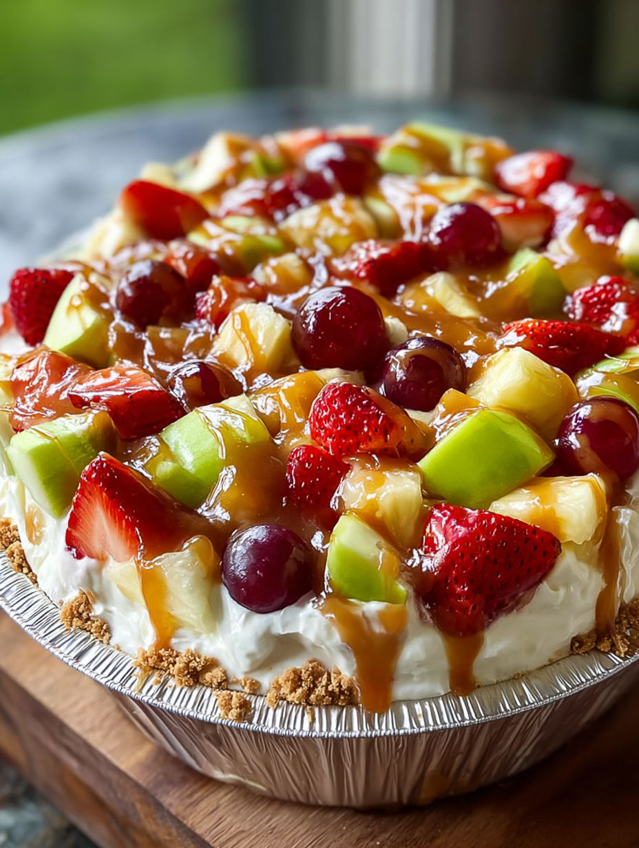 A fruit salad with strawberries, apples, and pineapple is topped with caramel.