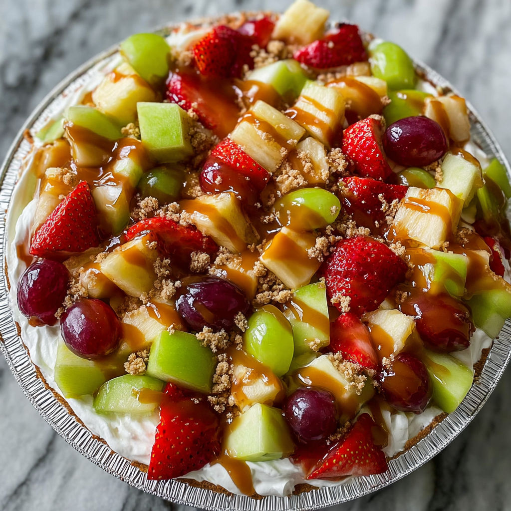 A fruit salad with strawberries, apples, and bananas.