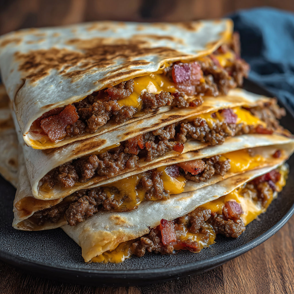 A stack of bacon cheeseburger quesadillas.