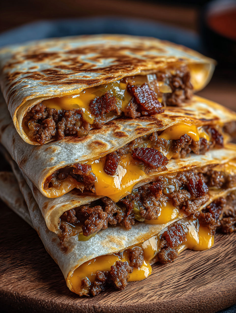 A stack of bacon cheeseburger quesadillas.