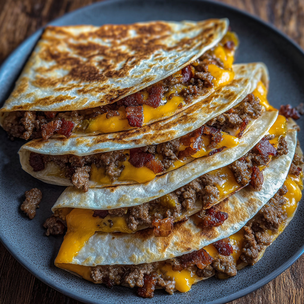 A plate of bacon cheeseburger quesadillas.