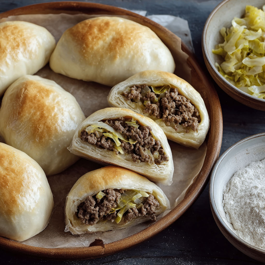 A plate of meat and cabbage wrapped in dough.