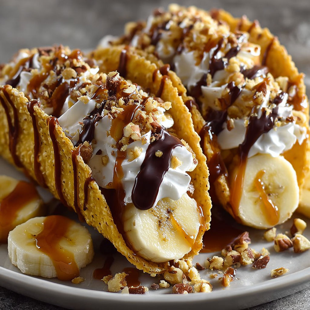 A plate of banana and caramel tacos.