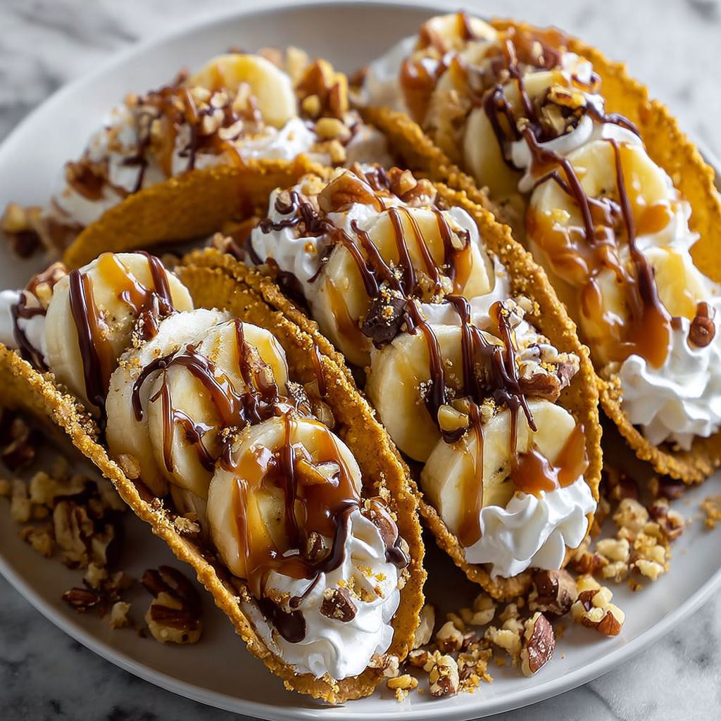 A plate of banana tacos with caramel drizzle.