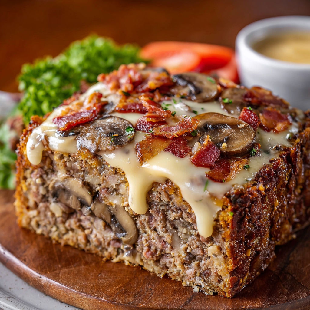 A slice of double bacon swiss mushroom melt.