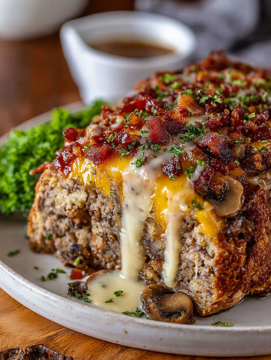A plate of food with a double bacon swiss mushroom melt.