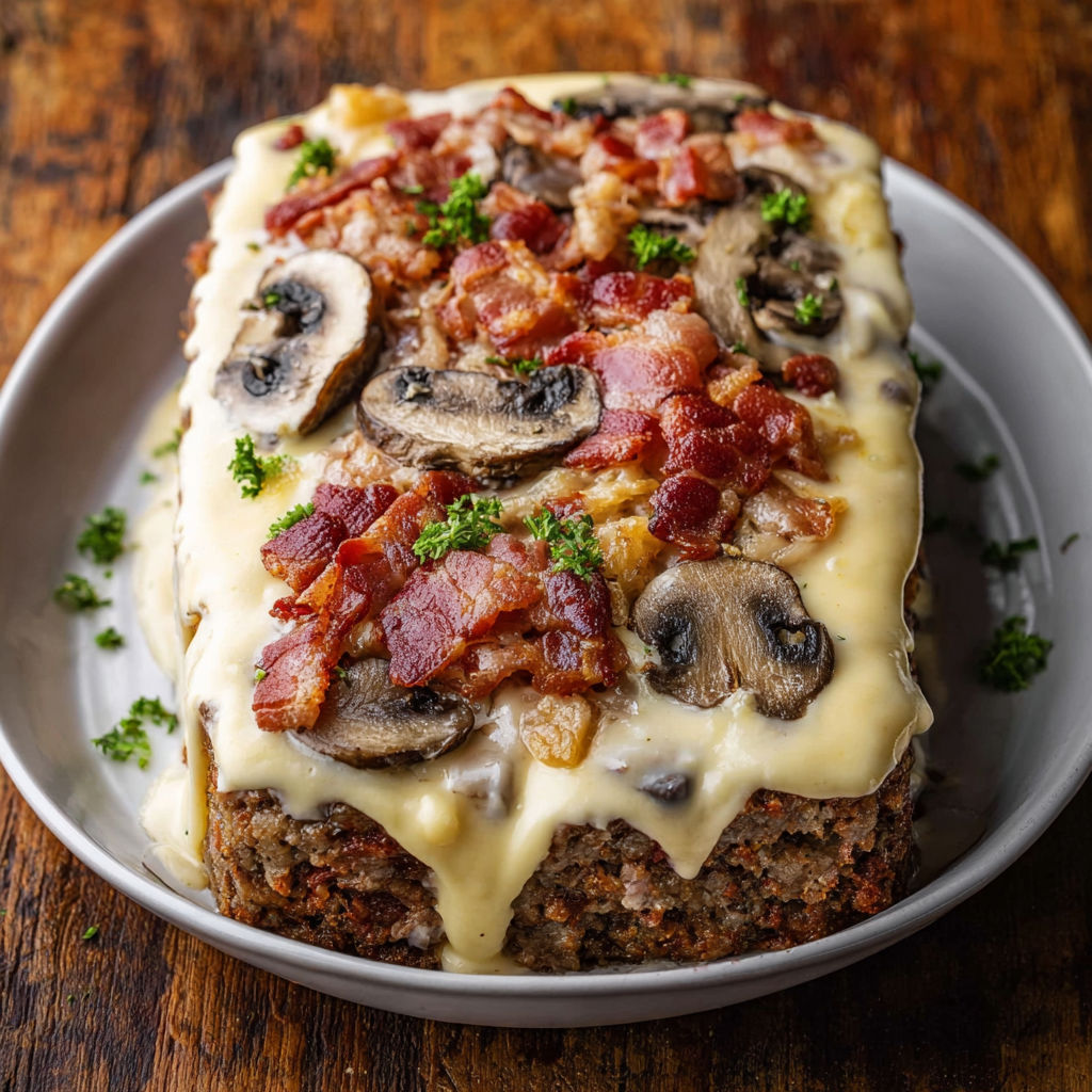 A plate of food with mushrooms and bacon on it.