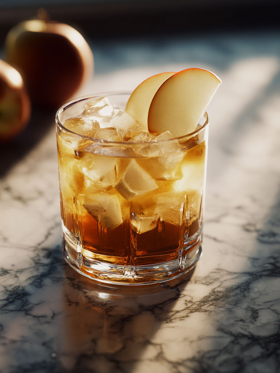 A glass of dark and stormy with a slice of apple on top.