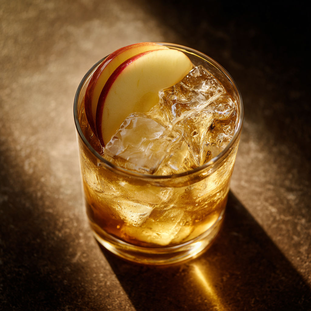 A glass of dark and stormy with an apple slice in it.
