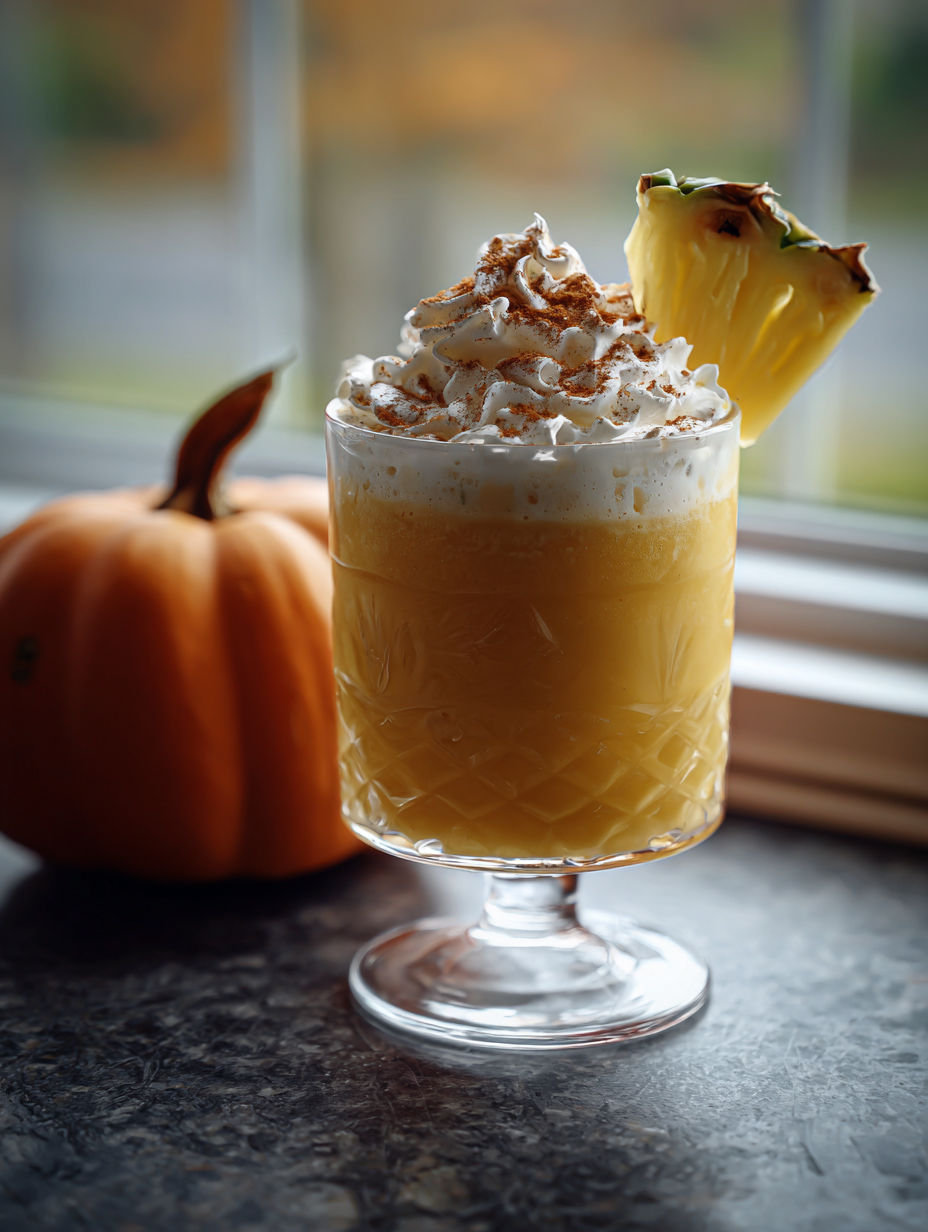 A glass of pumpkin pina colada with a pineapple garnish.