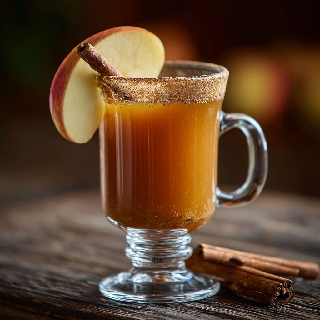 A glass of hot apple buttered rum with a cinnamon stick on the side.