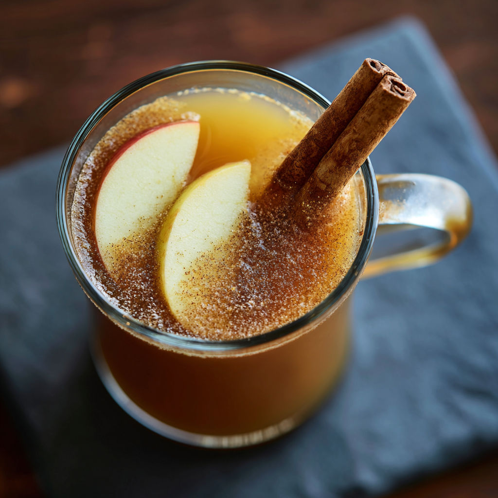 A glass of hot apple buttered rum with a cinnamon stick in it.