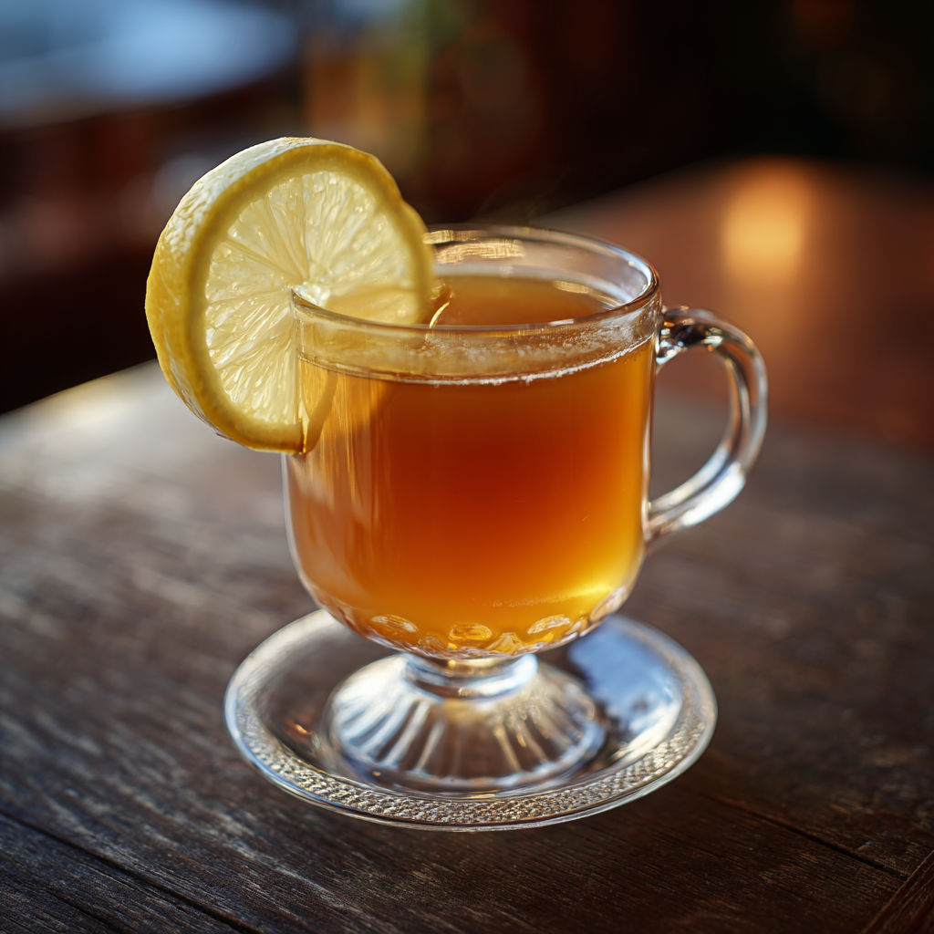 A glass of caramel hot toddy with a lemon wedge on top.