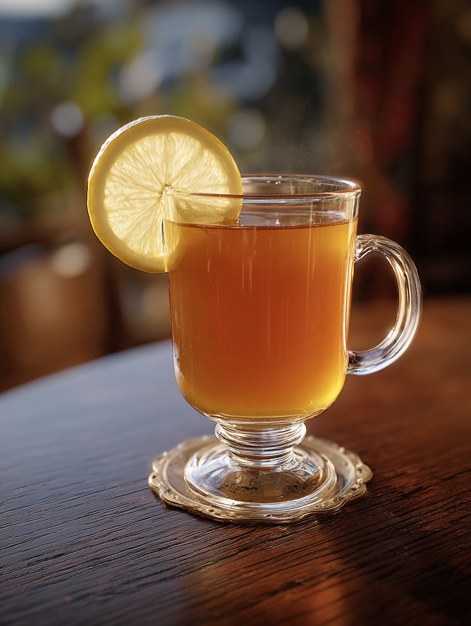 A glass of caramel hot toddy with a lemon wedge on top.
