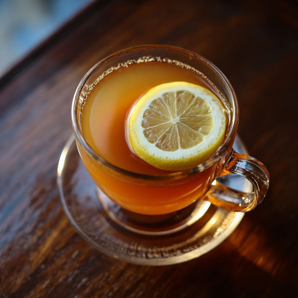 A glass of caramel hot toddy with a lemon wedge in it.