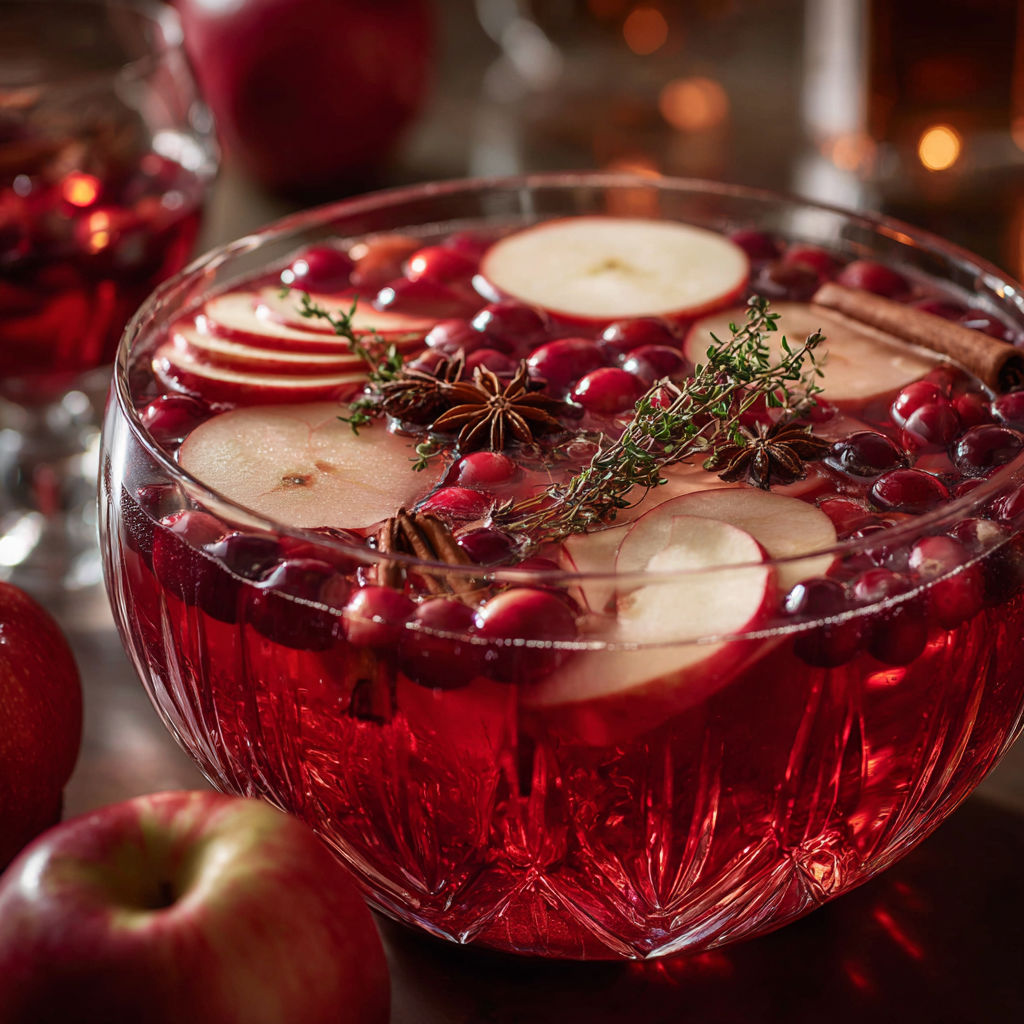 A glass bowl filled with cranberries, apples, and cinnamon.