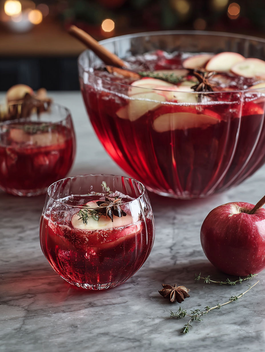 A glass of red wine with a cranberry and apple cider punch.
