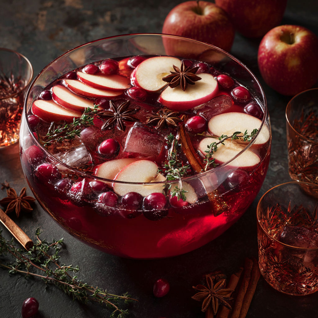 A bowl of cranberry apple cider with a star anise garnish.