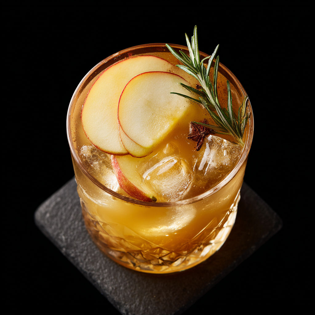 A glass of whiskey sour with a slice of apple and a sprig of rosemary.
