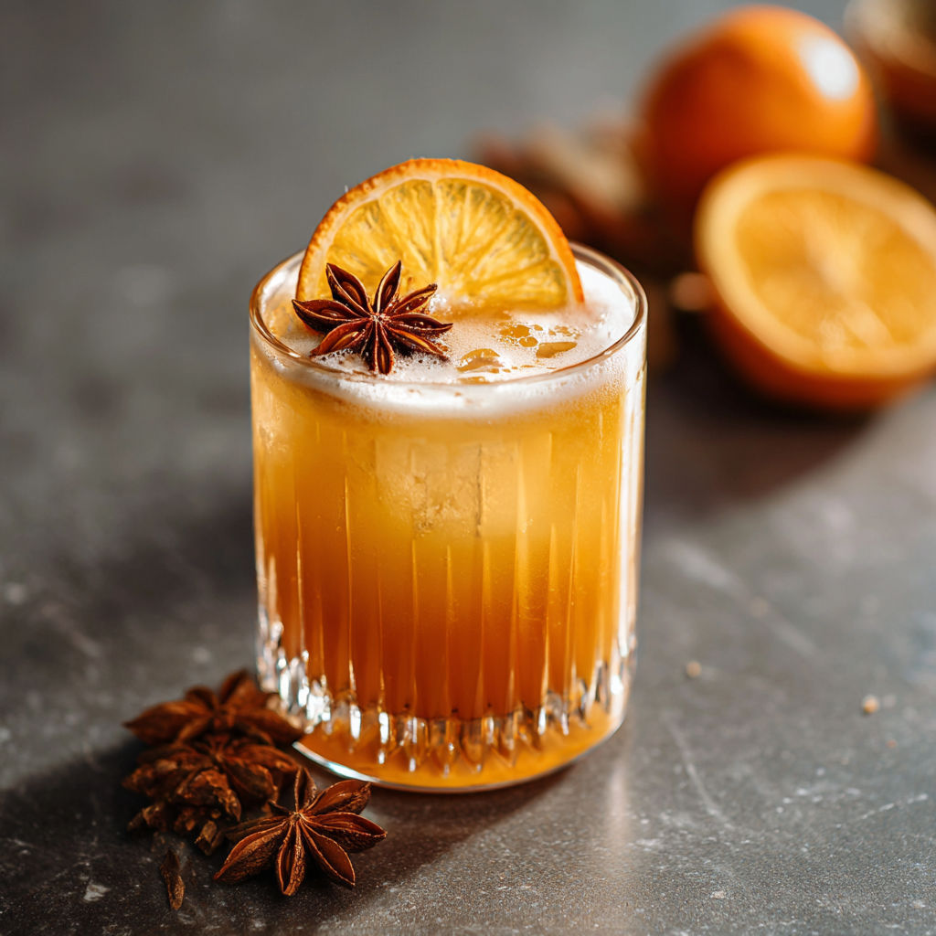 A glass of Spiced Maple Bourbon Fizz.