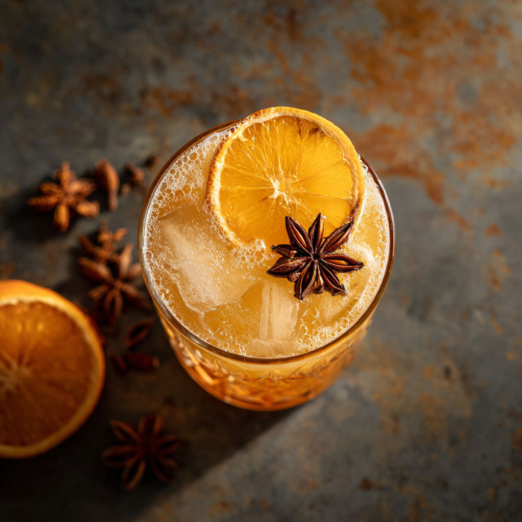 A glass of Spiced Maple Bourbon Fizz with a slice of lemon and a star anise.
