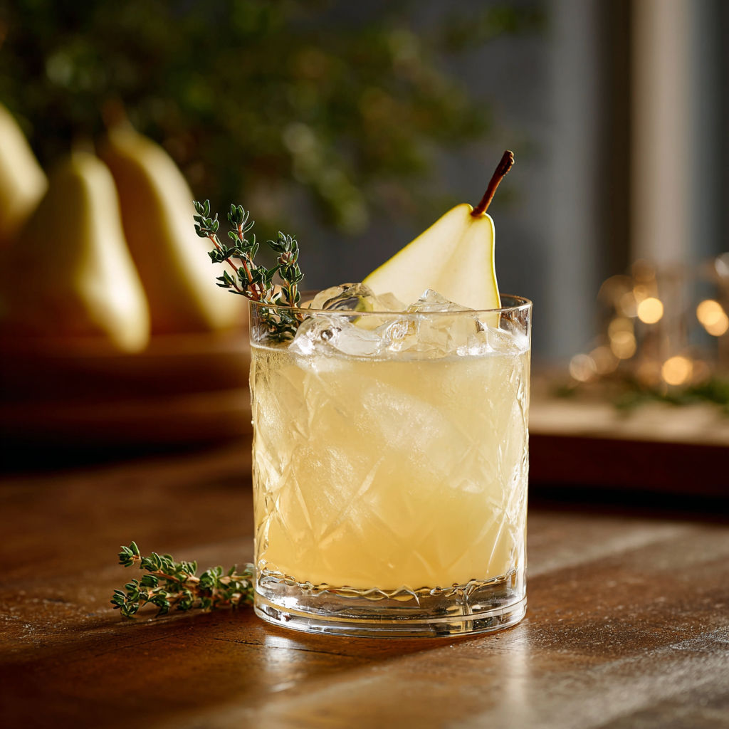 A glass of Spiced Pear Gin with a slice of pear and a sprig of rosemary.