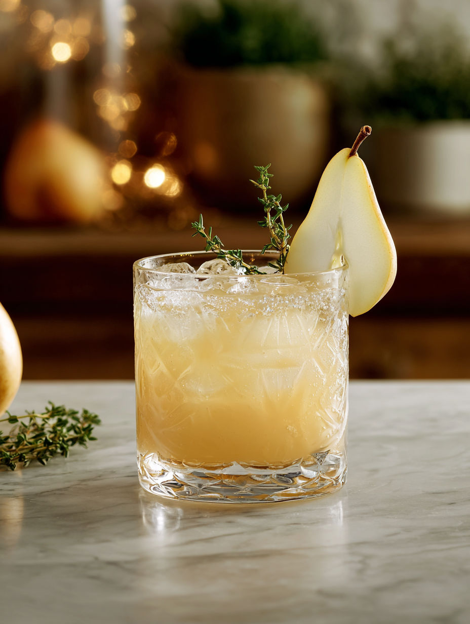 A glass of Spiced Pear Gin with a slice of pear and a sprig of rosemary.
