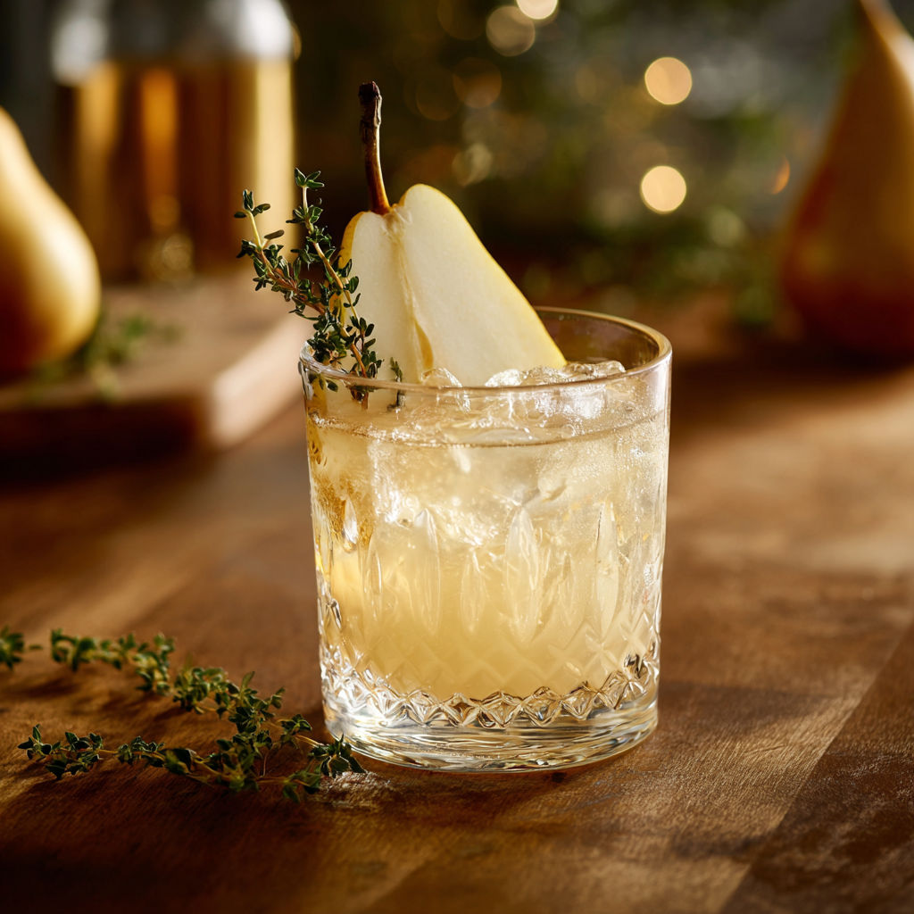 A glass of spiced pear gin with a slice of apple in it.
