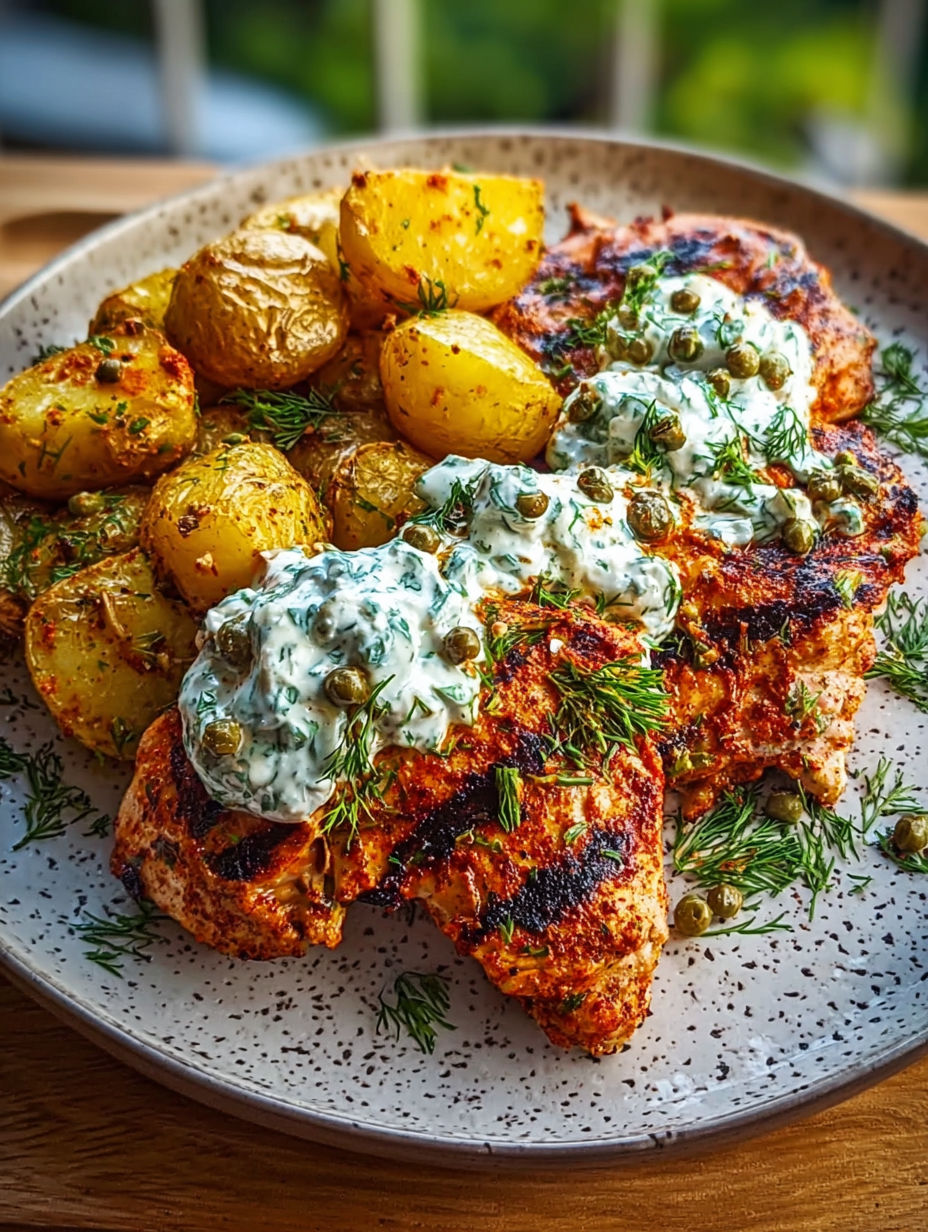 A plate of chicken with a spicy yogurt marinade and crispy baby potatoes.