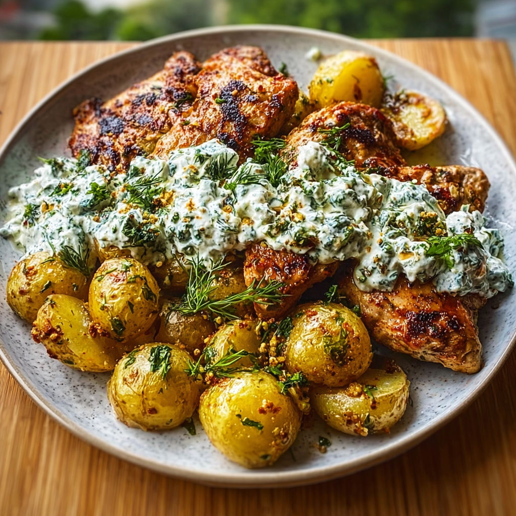 A plate of chicken with potatoes and a white sauce.