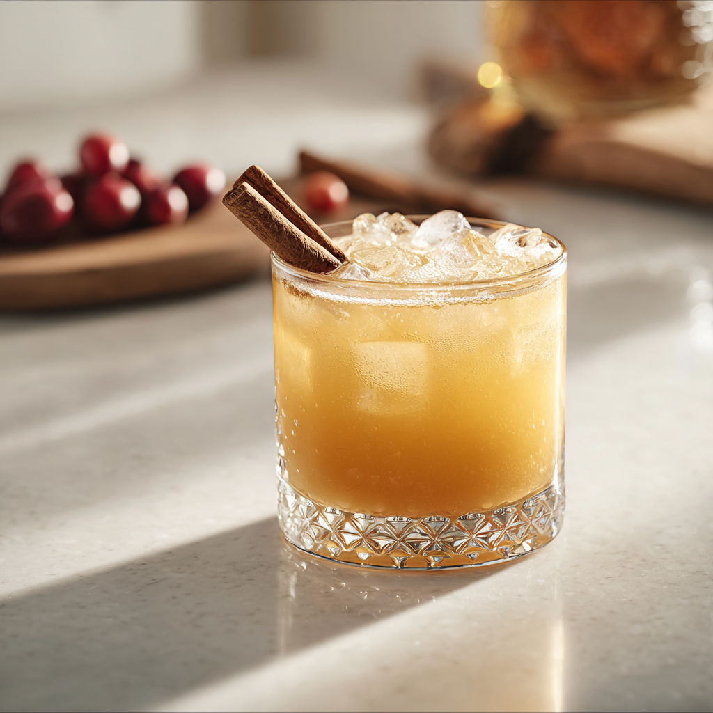 A glass of bourbon apple cider fizz.