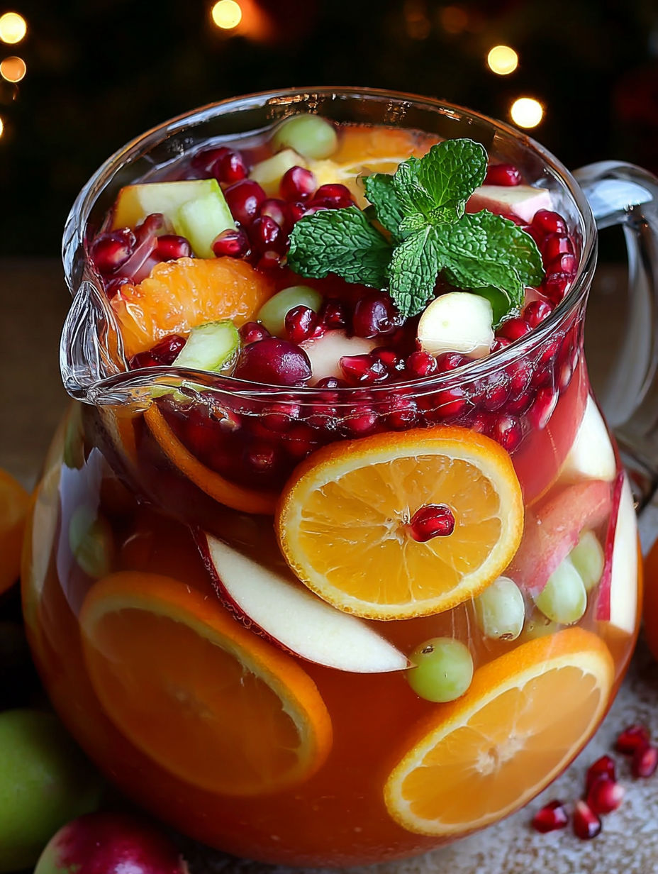 A pitcher of non-alcoholic Christmas sangria with fruit and mint.
