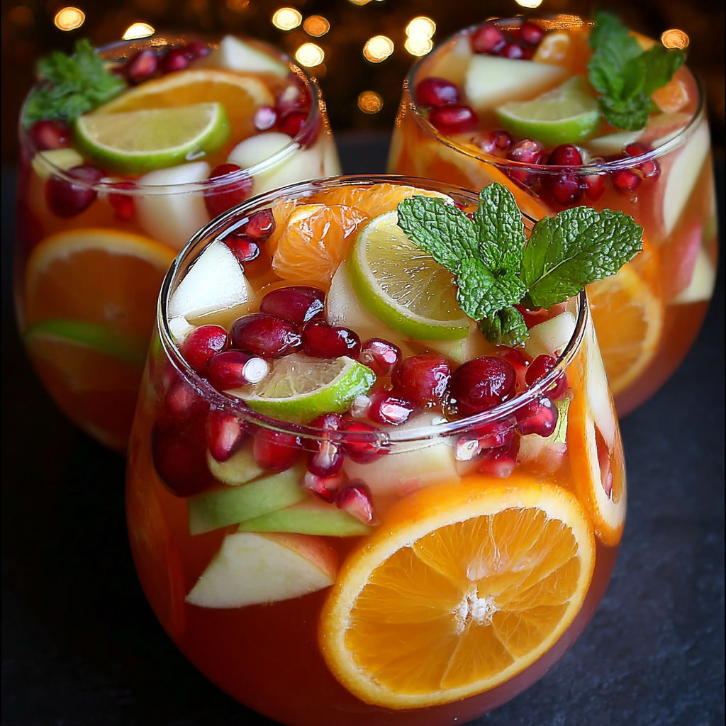 Three glasses of non-alcoholic Christmas sangria.