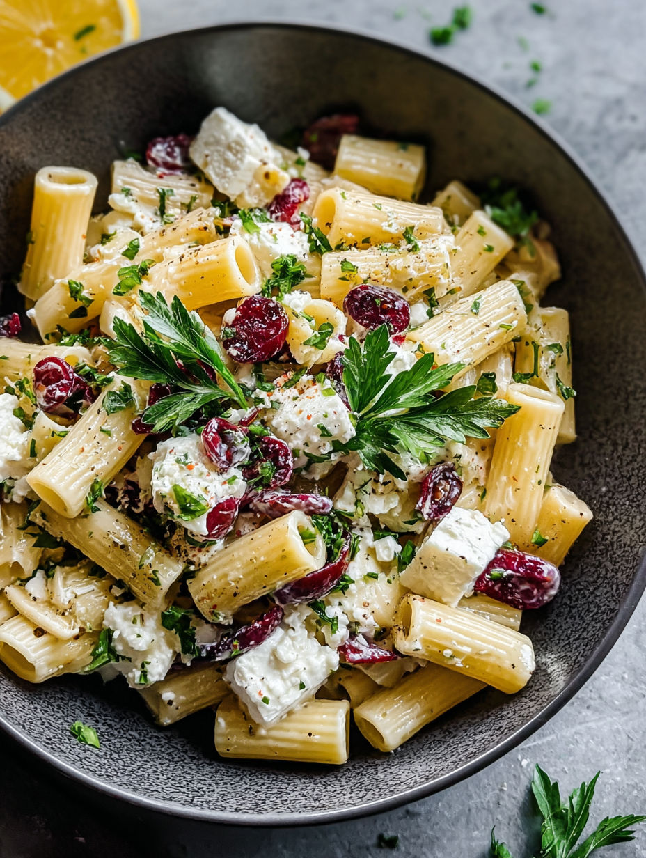 A bowl of pasta salad with feta cheese, cranberries, and rigatoni.
