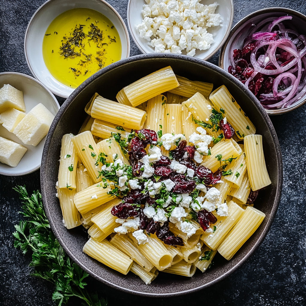 A bowl of pasta with feta cheese and cranberries.