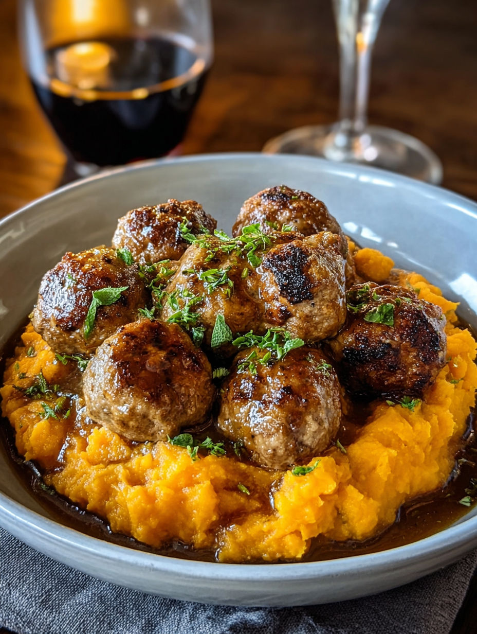 A bowl of meatballs with a sweet potato mash and a bourbon maple sauce.