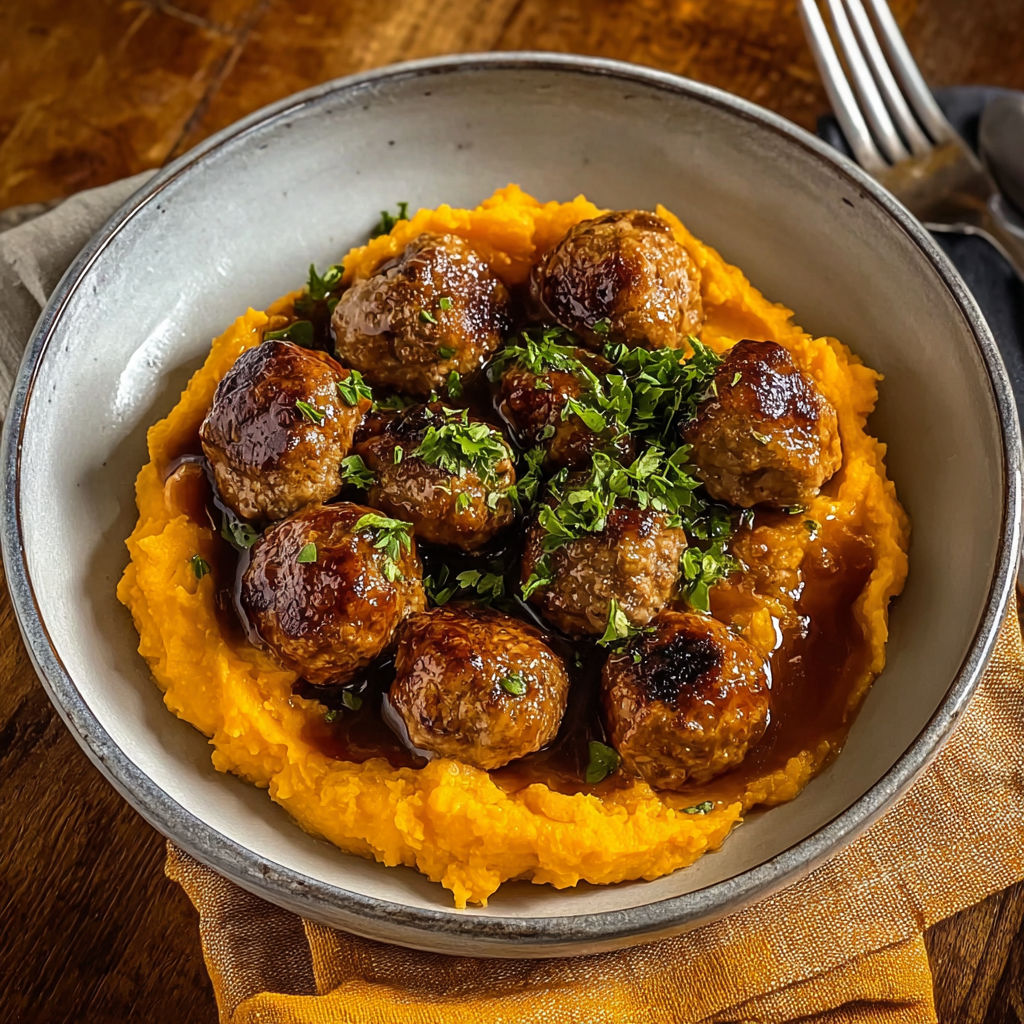 A plate of meatballs with a sweet potato mash and a bourbon maple sauce.