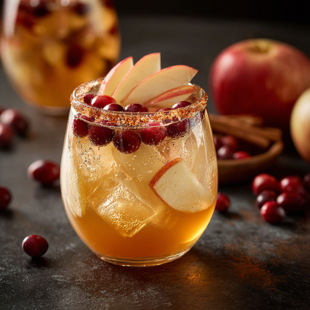 A glass of sparkling fall sangria with a slice of apple and a cranberry.