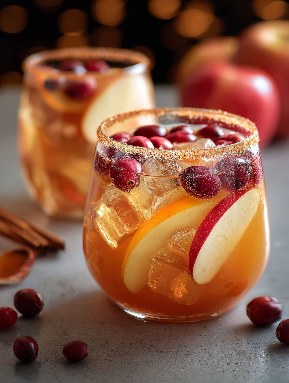 Two glasses of Sparkling Fall Sangria with cranberries and apples.