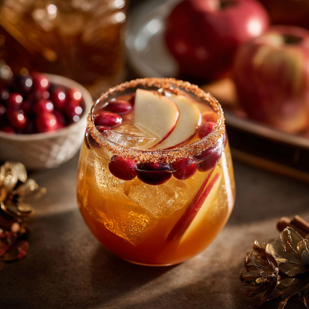 A glass of Sparkling Fall Sangria with a slice of apple and a cranberry.