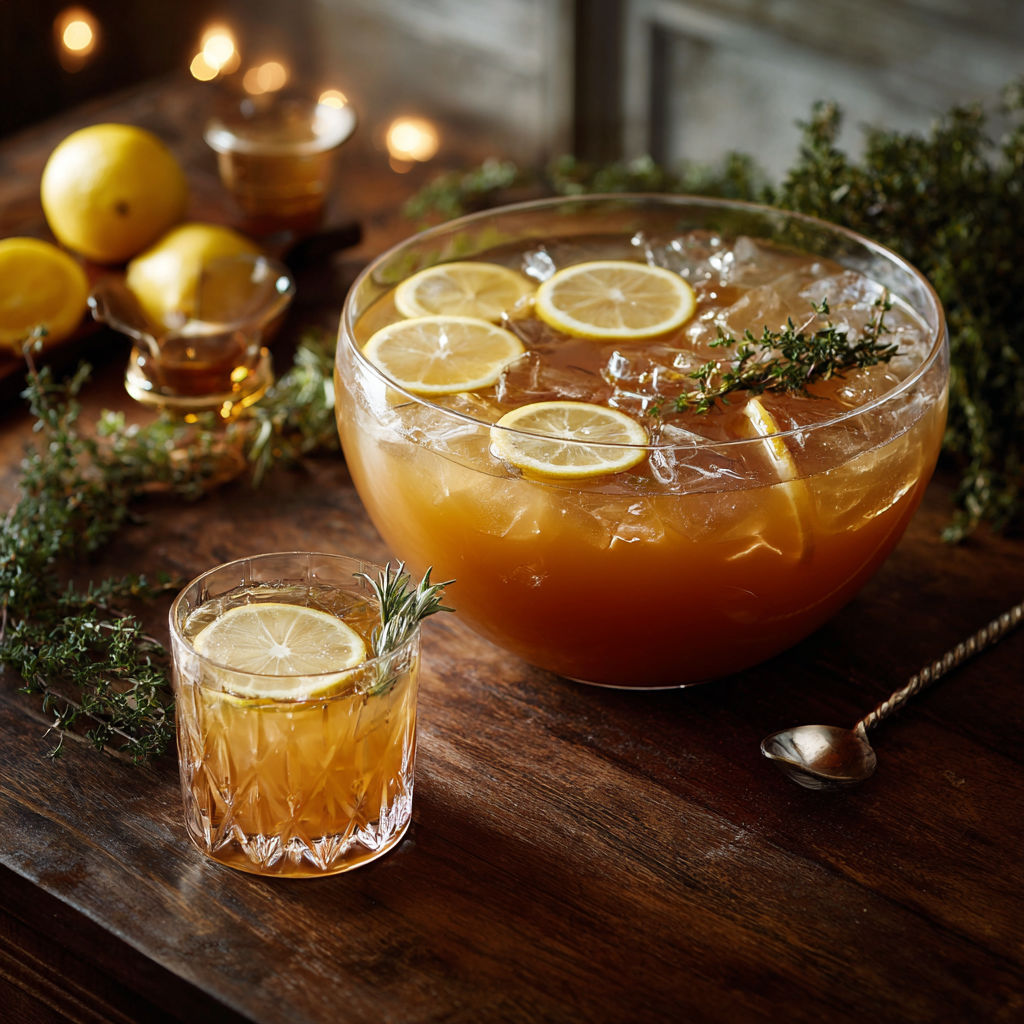 A bowl of Earl Grey Bourbon Punch with lemon slices and a glass of the same drink.