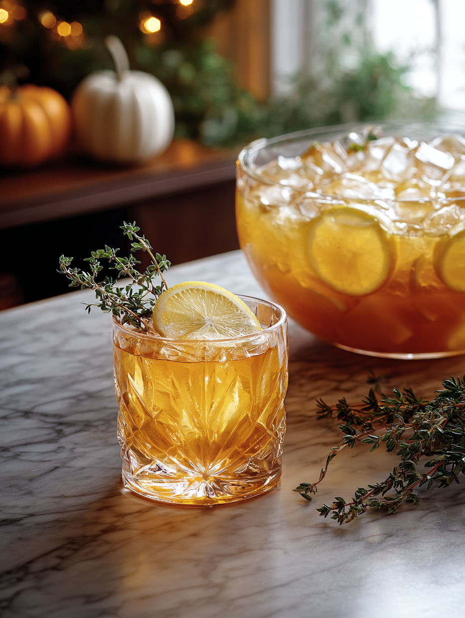 A glass of Earl Grey Bourbon Punch with a lemon wedge.