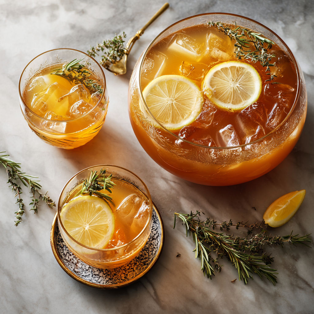 A pitcher of Earl Grey Bourbon Punch is on a table with two glasses.