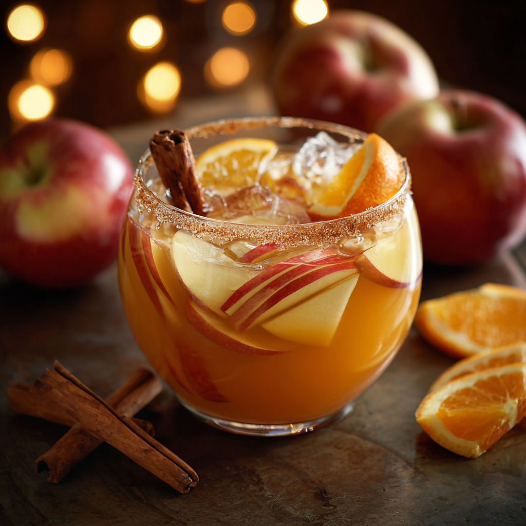 A glass of Harvest Punch with a cinnamon stick in it.