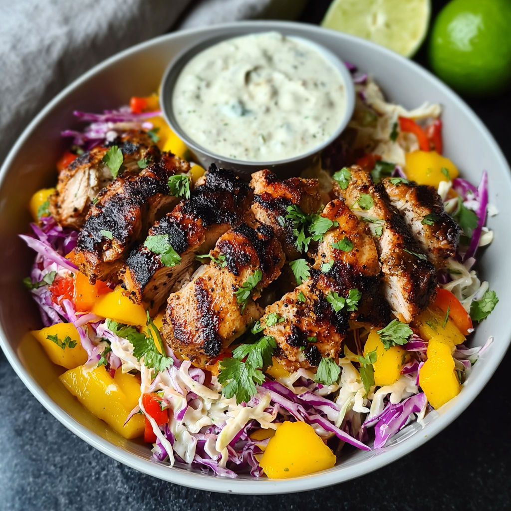 A bowl of jerk chicken mango slaw with honey lime cream.