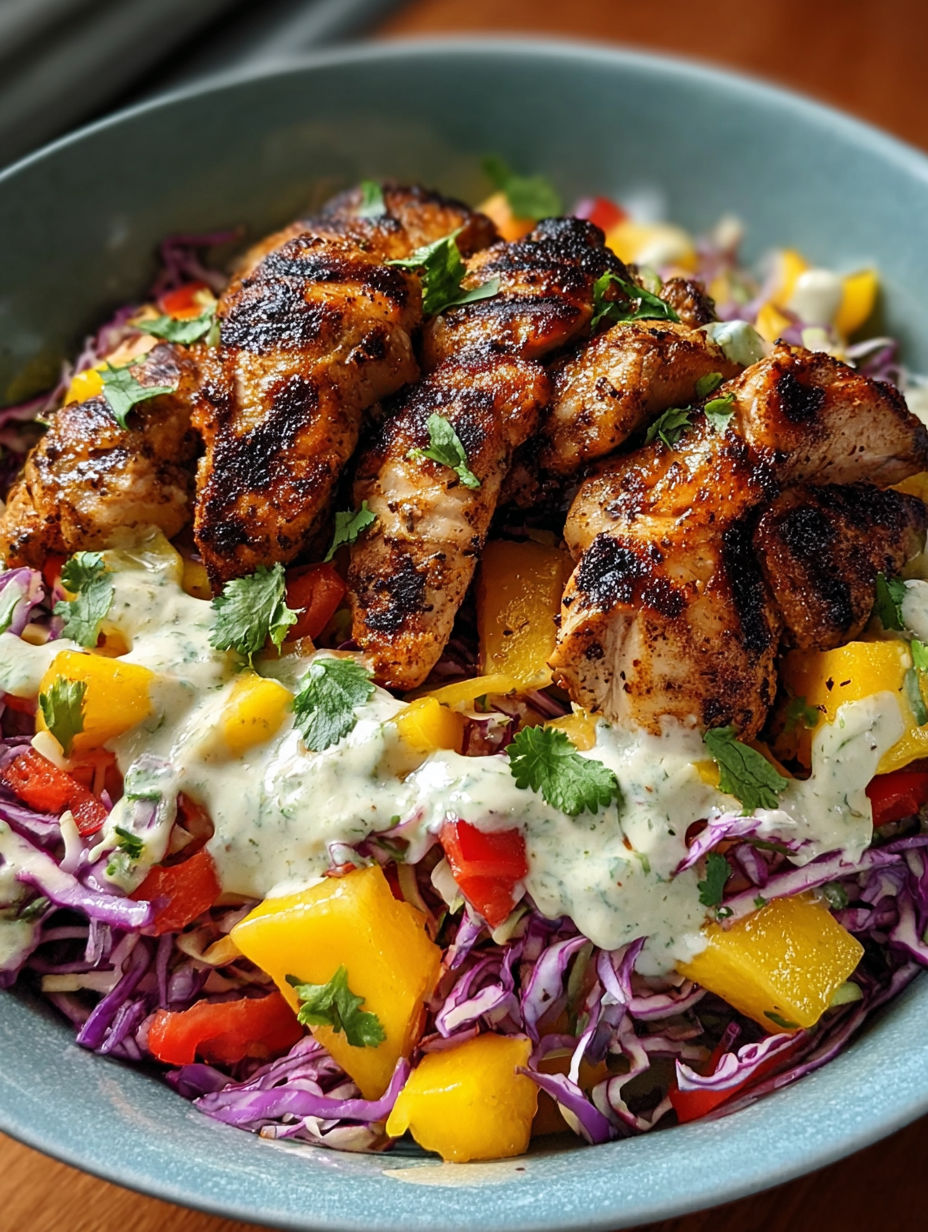 A bowl of jerk chicken mango slaw with honey lime cream.