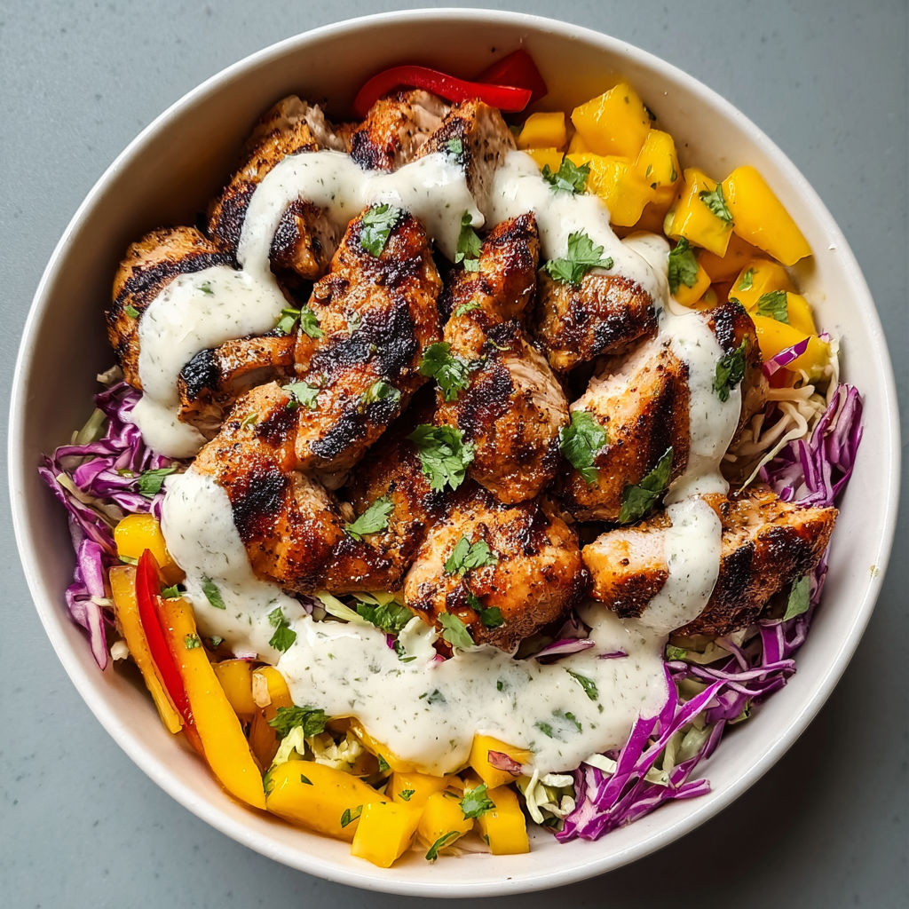 A bowl of jerk chicken mango slaw with honey lime cream.