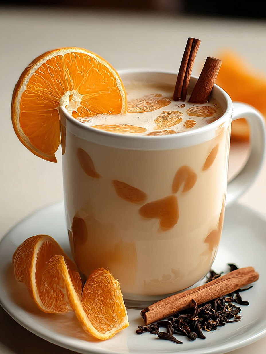 A cup of iced orange cinnamon milk tea with orange slices on the side.