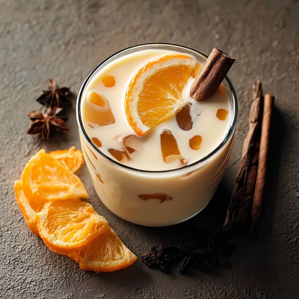 A glass of iced orange cinnamon milk tea with a cinnamon stick in it.
