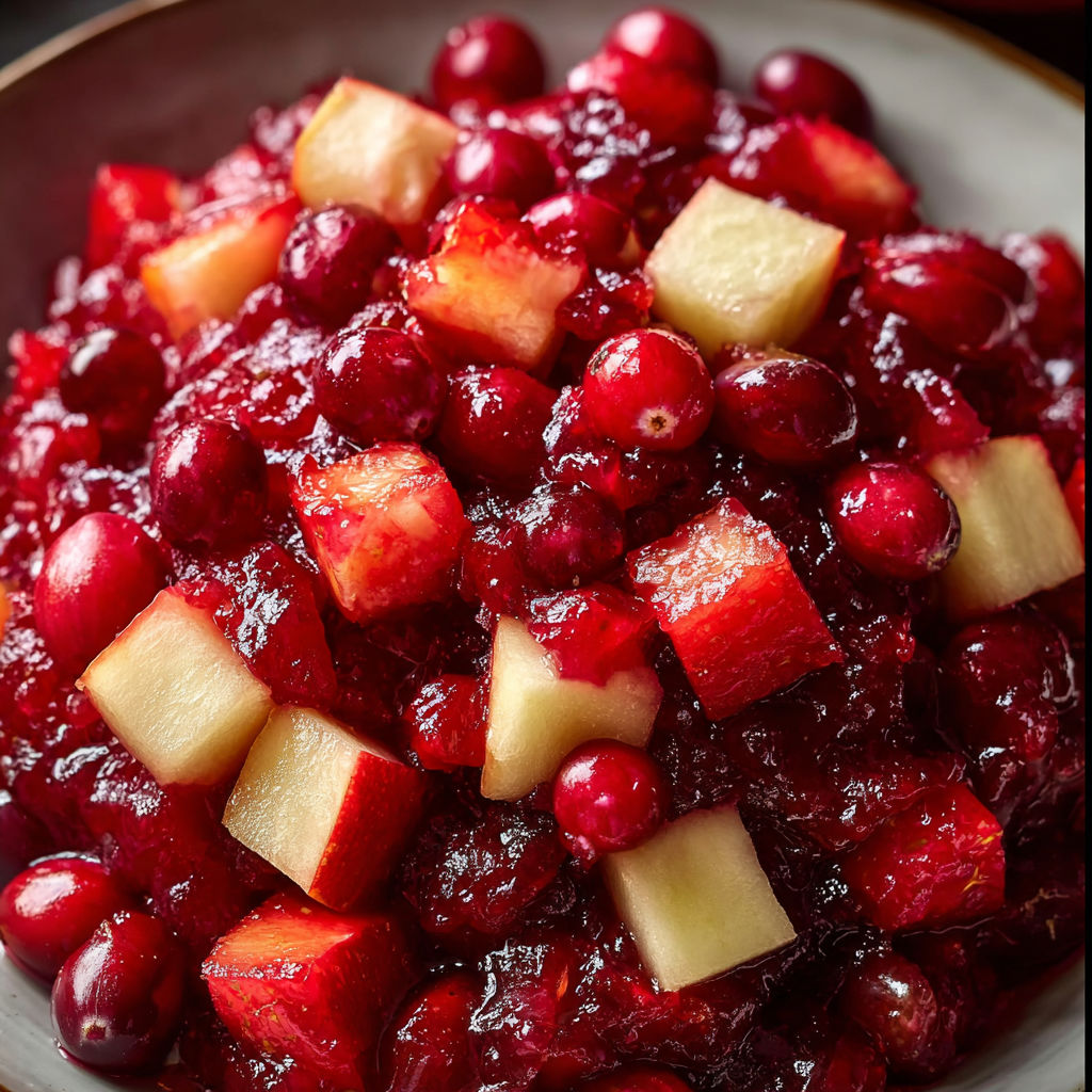 A bowl of fruit with a red sauce.